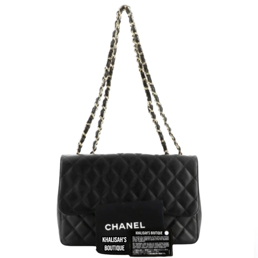 Rare! Chanel CC 24 kt Gold HW Classic Single Flap Bag Quilted BLACK Caviar JUMBO - Picture 2 of 16